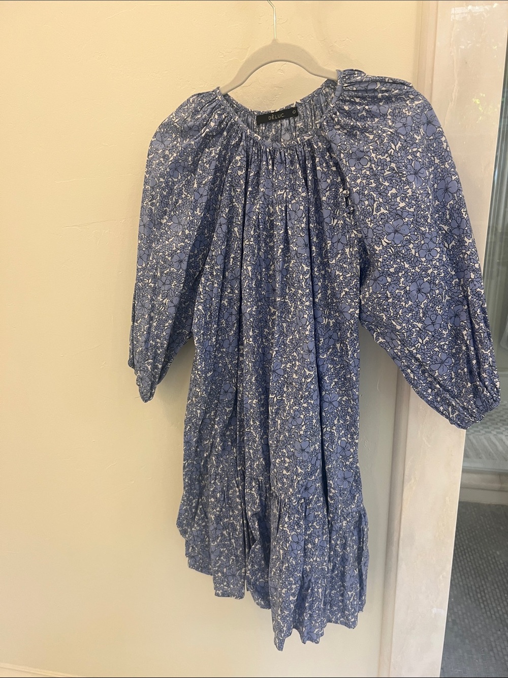 Deluc Blue Floral Puff-Sleeve Tiered Dress